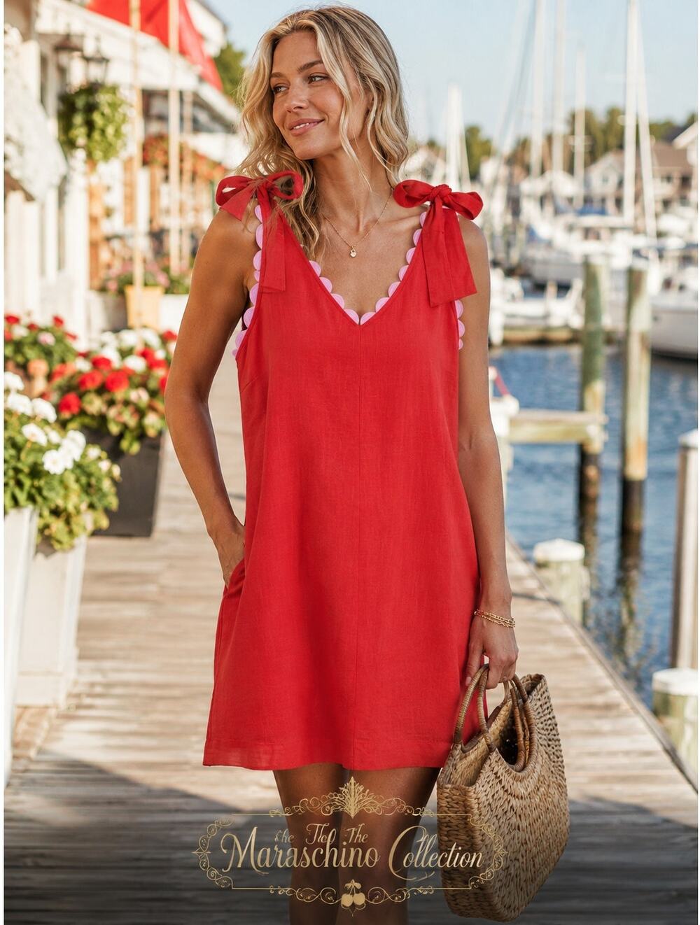 THML Red Linen Blend Tie Shoulder Mini Dress M Scallop Trim Bow Coastal Preppy